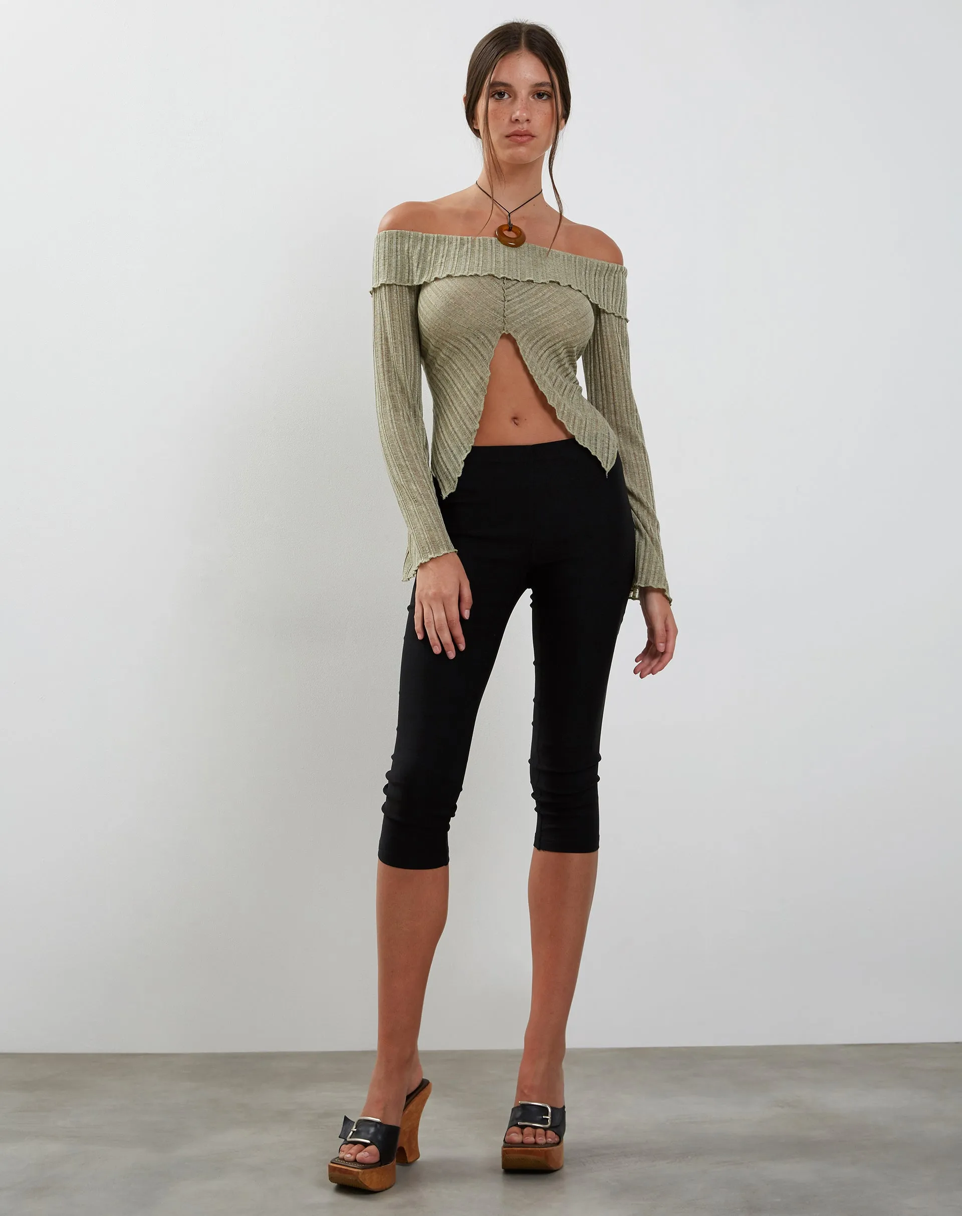 Celeste Long Sleeve Bardot Knitted Top in Sage sold by Motel Rocks product image thumbnail 4