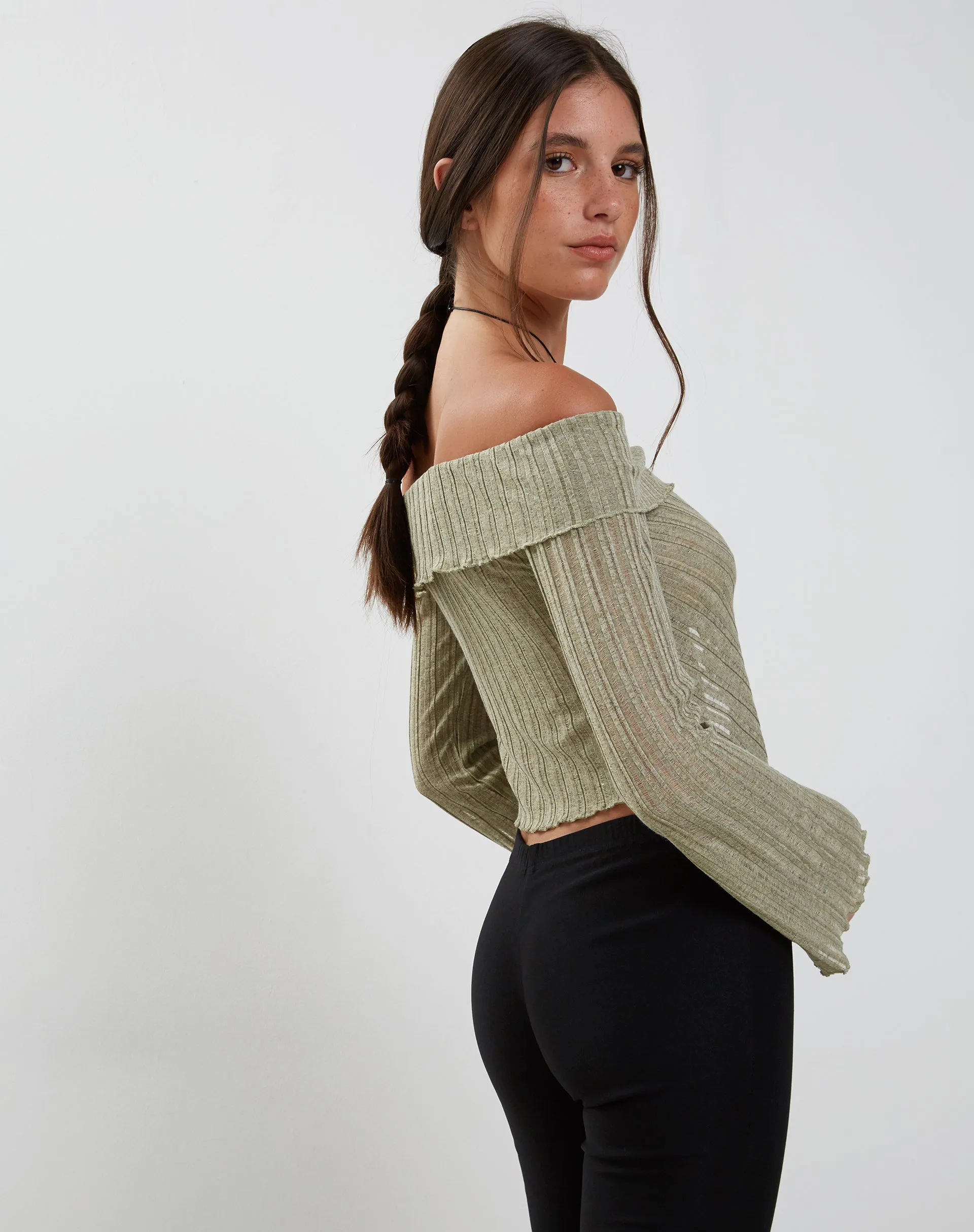 Celeste Long Sleeve Bardot Knitted Top in Sage sold by Motel Rocks product image thumbnail 5