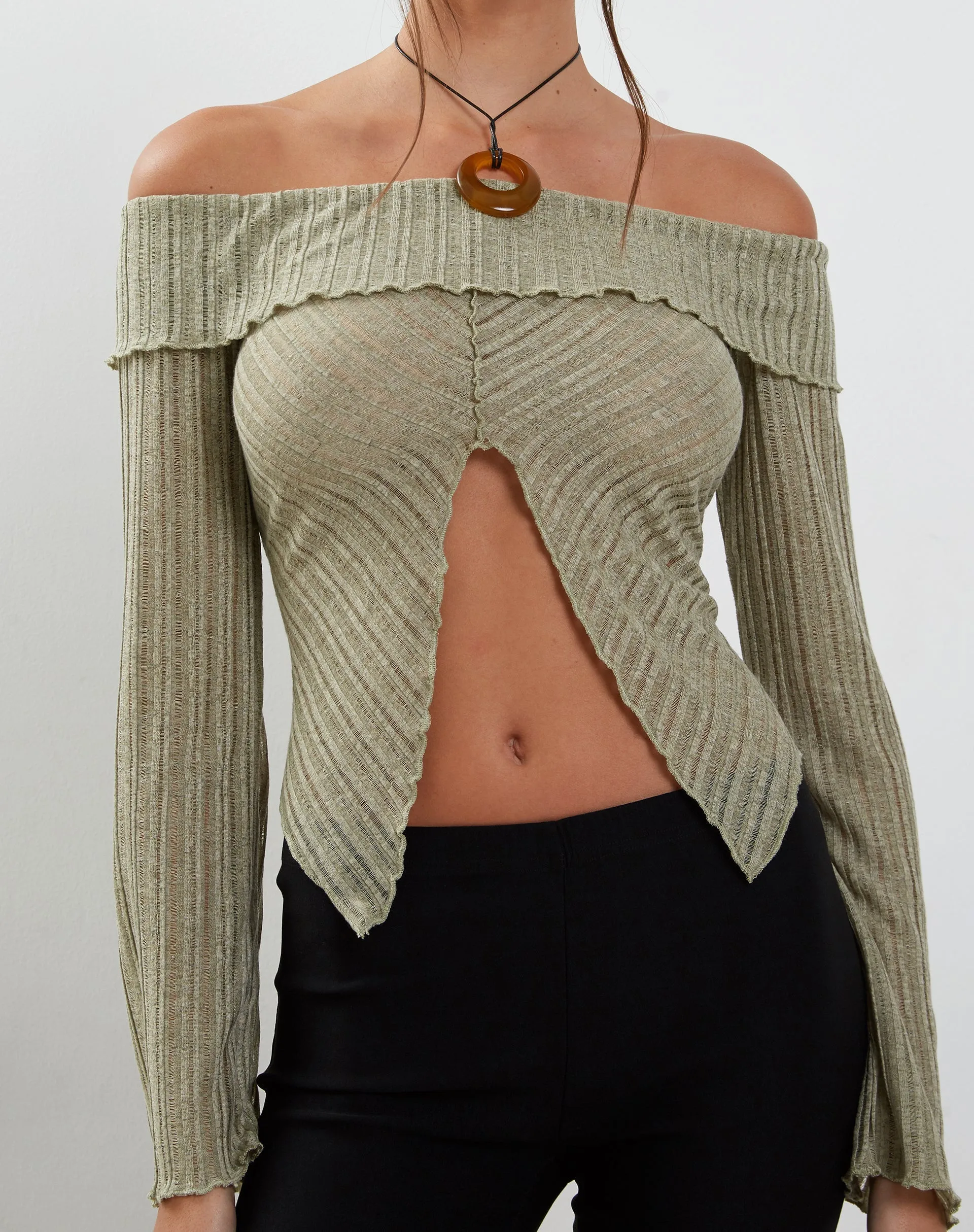 Celeste Long Sleeve Bardot Knitted Top in Sage sold by Motel Rocks product image thumbnail 3