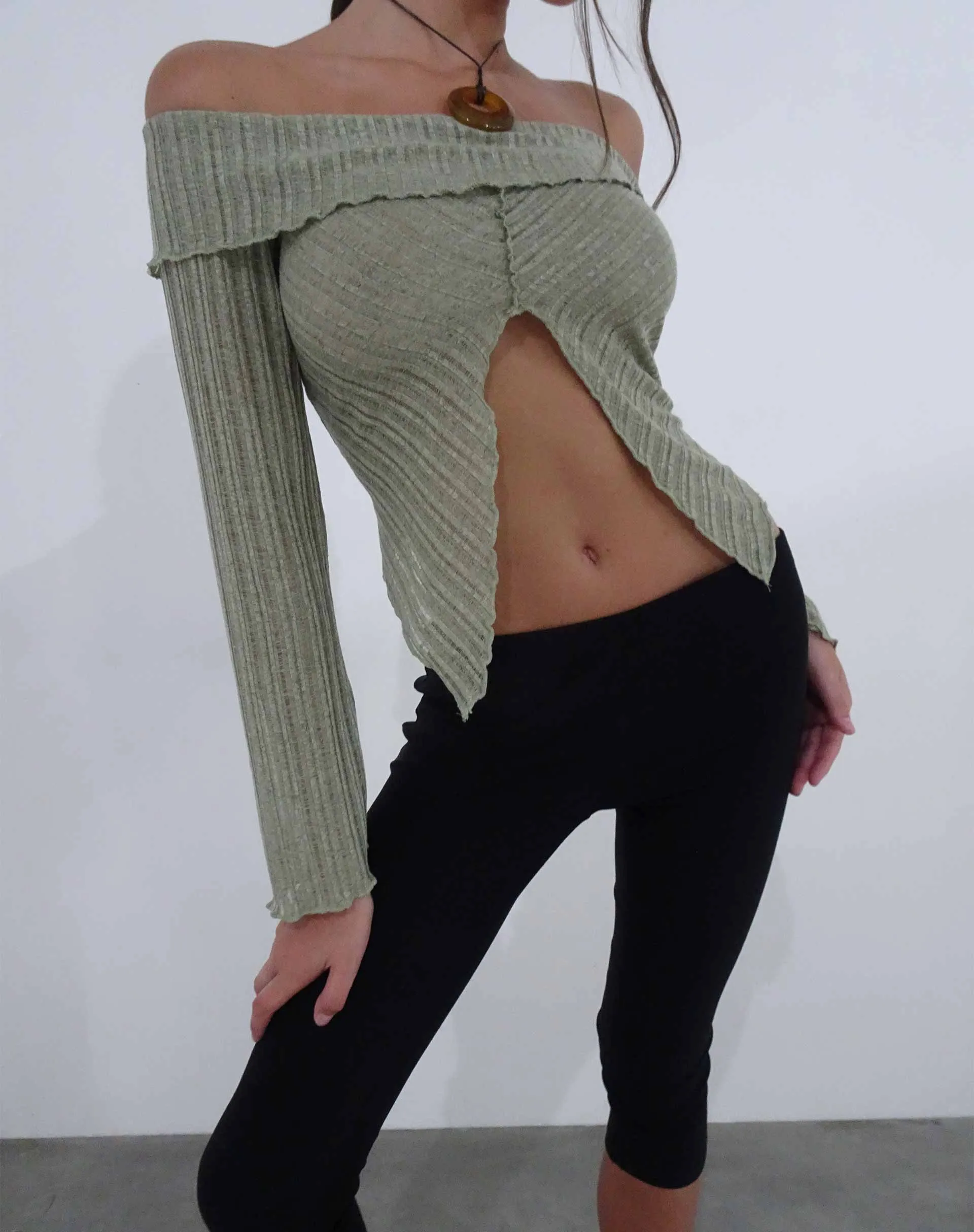Celeste Long Sleeve Bardot Knitted Top in Sage sold by Motel Rocks