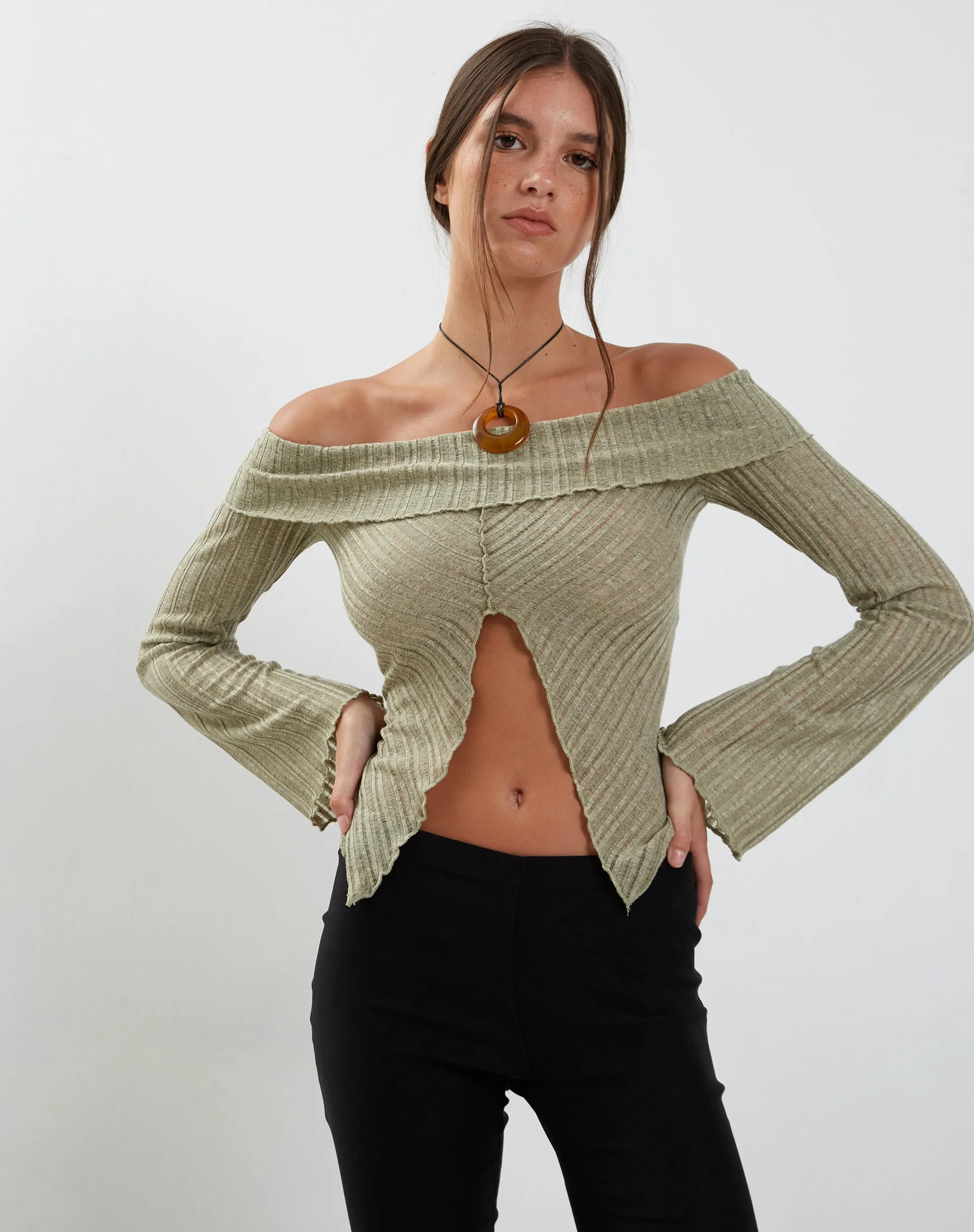 Celeste Long Sleeve Bardot Knitted Top in Sage sold by Motel Rocks product image thumbnail 2