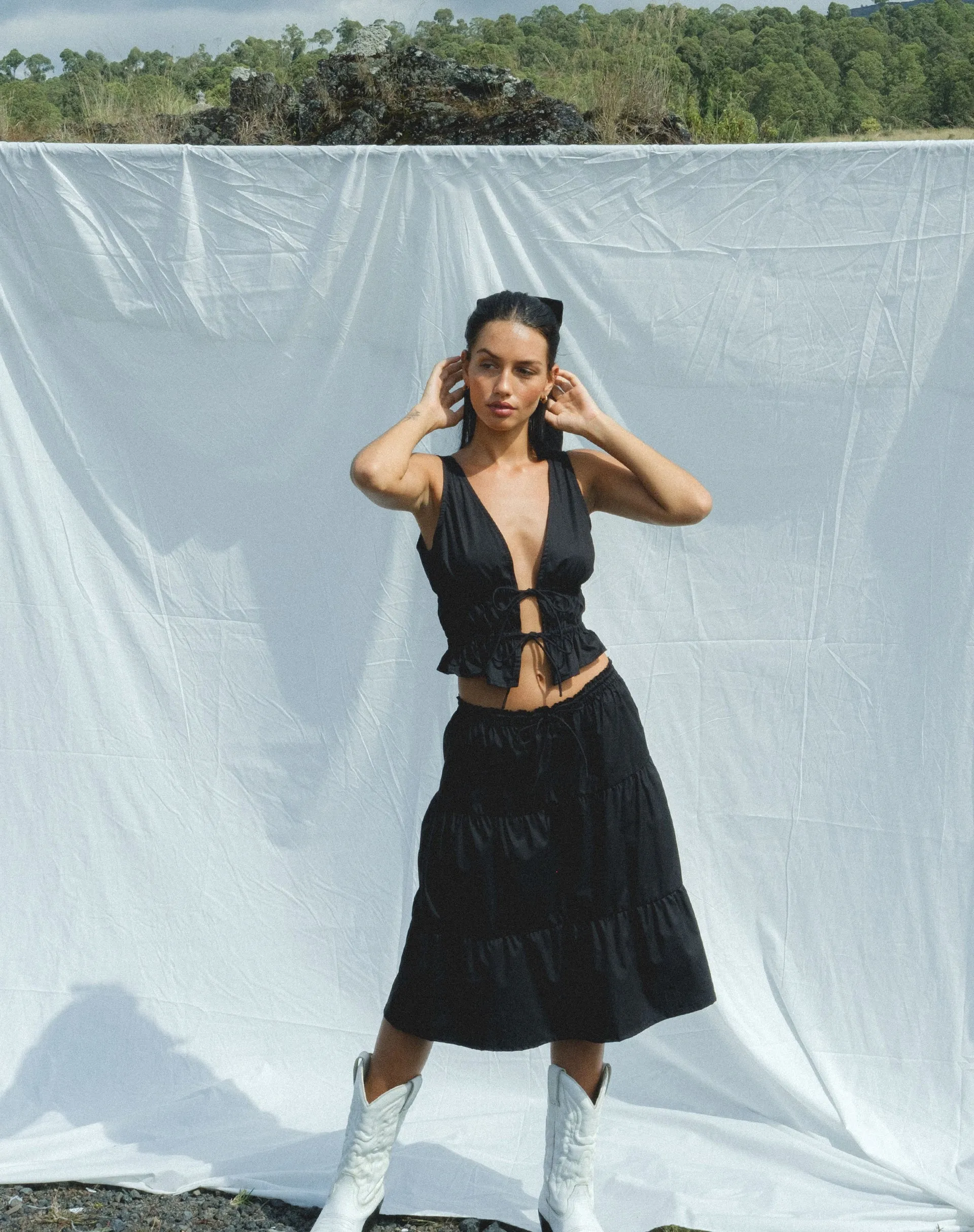 Reef Midi Skirt in Poplin Black sold by Motel Rocks