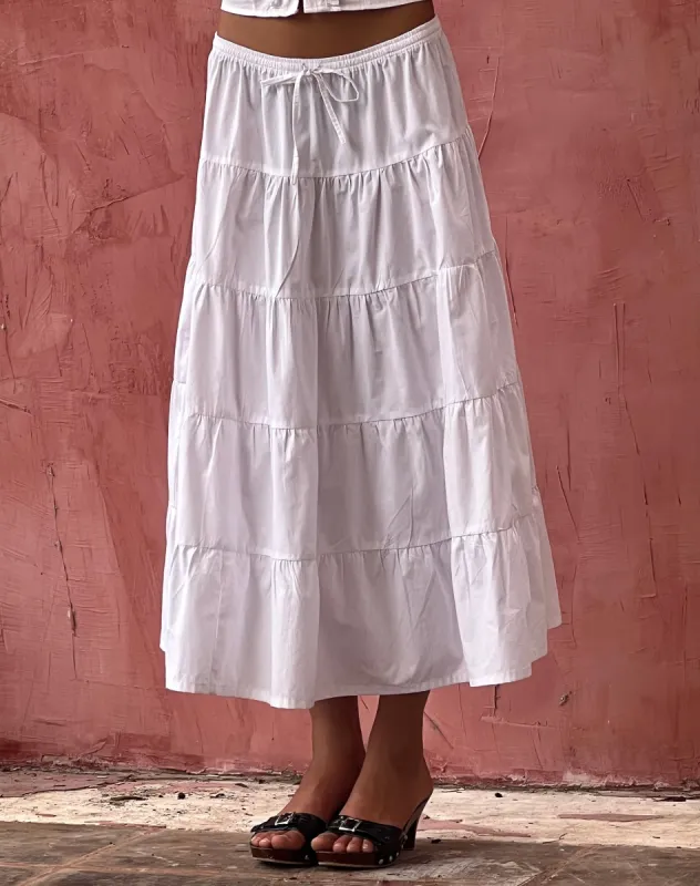 Izumi Tiered Midi Skirt in Poplin White sold by Motel Rocks