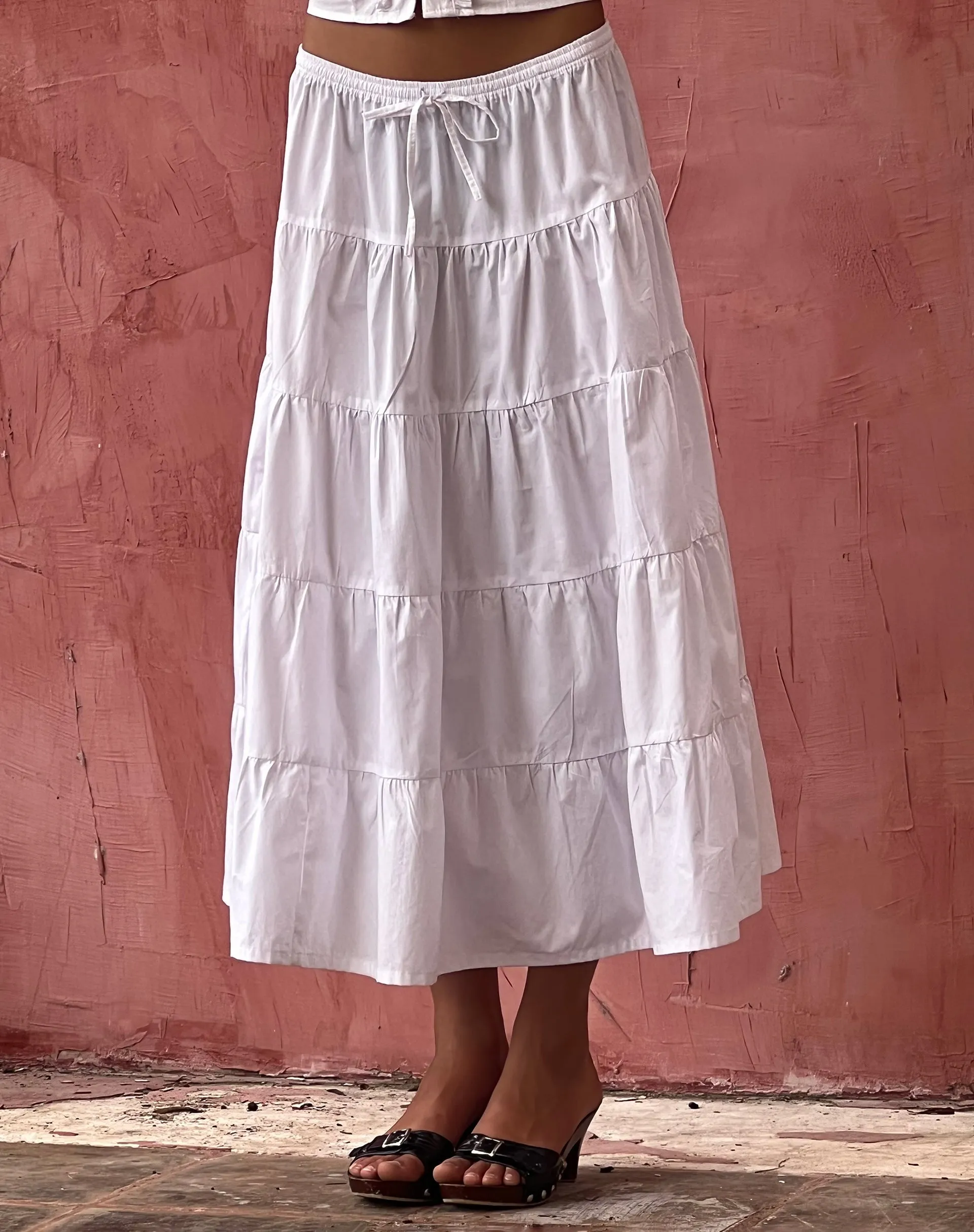 Izumi Tiered Midi Skirt in Poplin White sold by Motel Rocks