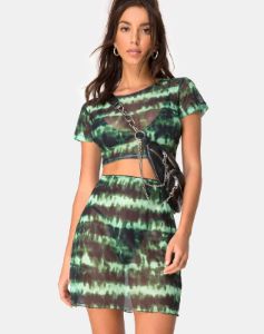 Kinnie Mini Skirt in Tie Dye Turquoise Mesh sold by Motel Rocks