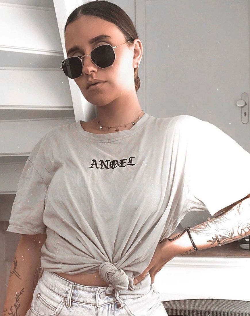 Oversize Basic Tee in Tan with Angel Embroidery sold by Motel Rocks
