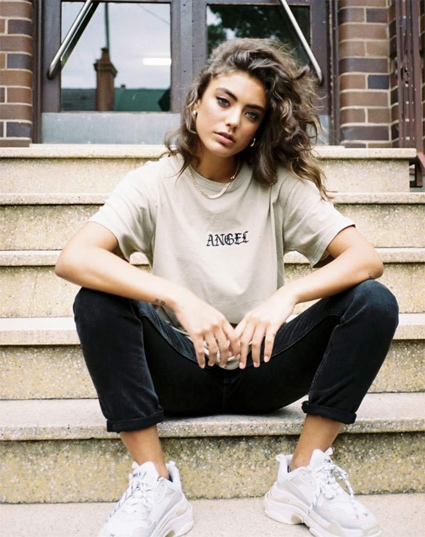 Oversize Basic Tee in Tan with Angel Embroidery sold by Motel Rocks product image thumbnail 2