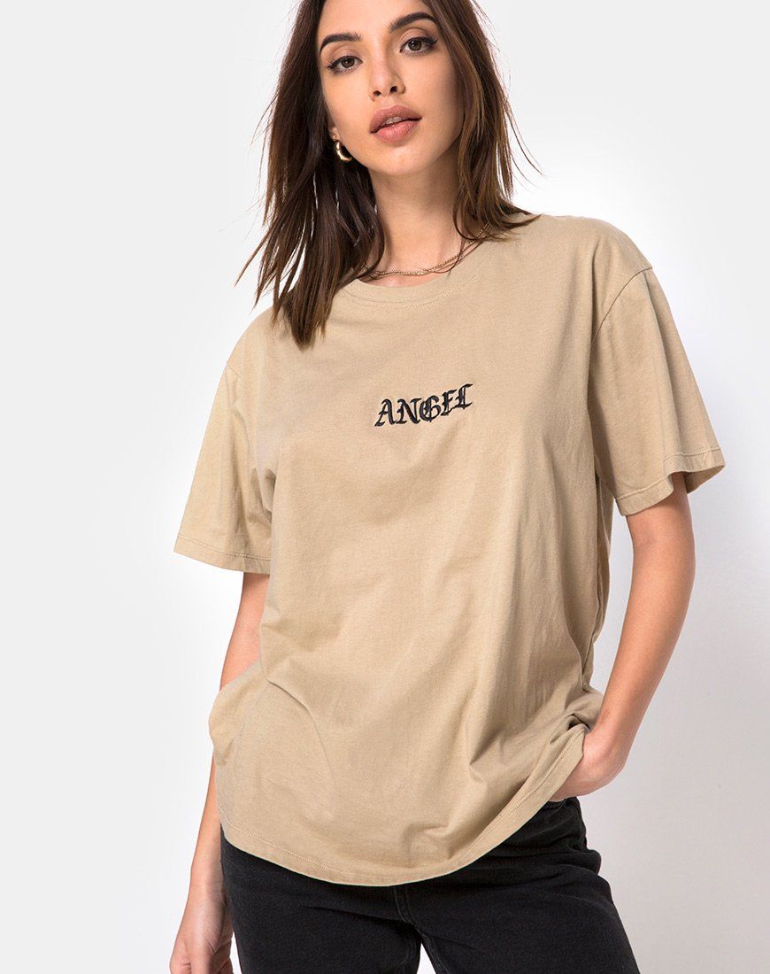 Oversize Basic Tee in Tan with Angel Embroidery sold by Motel Rocks product image thumbnail 3