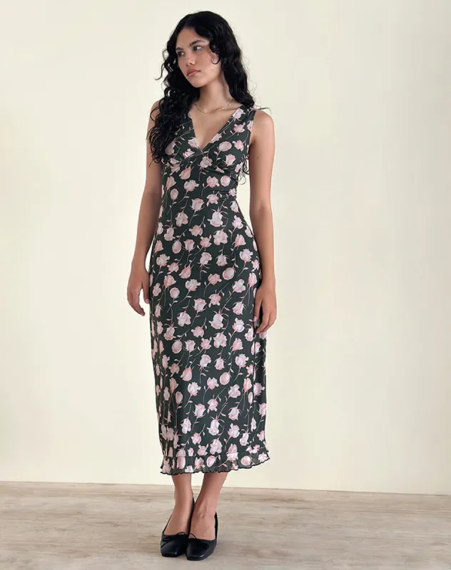 Gabriela Midi Dress in Falling Rose Jet Black sold by Motel Rocks