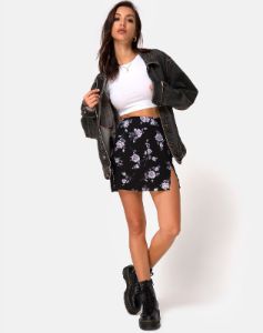 Sheny Mini Skirt in White Rose Black sold by Motel Rocks