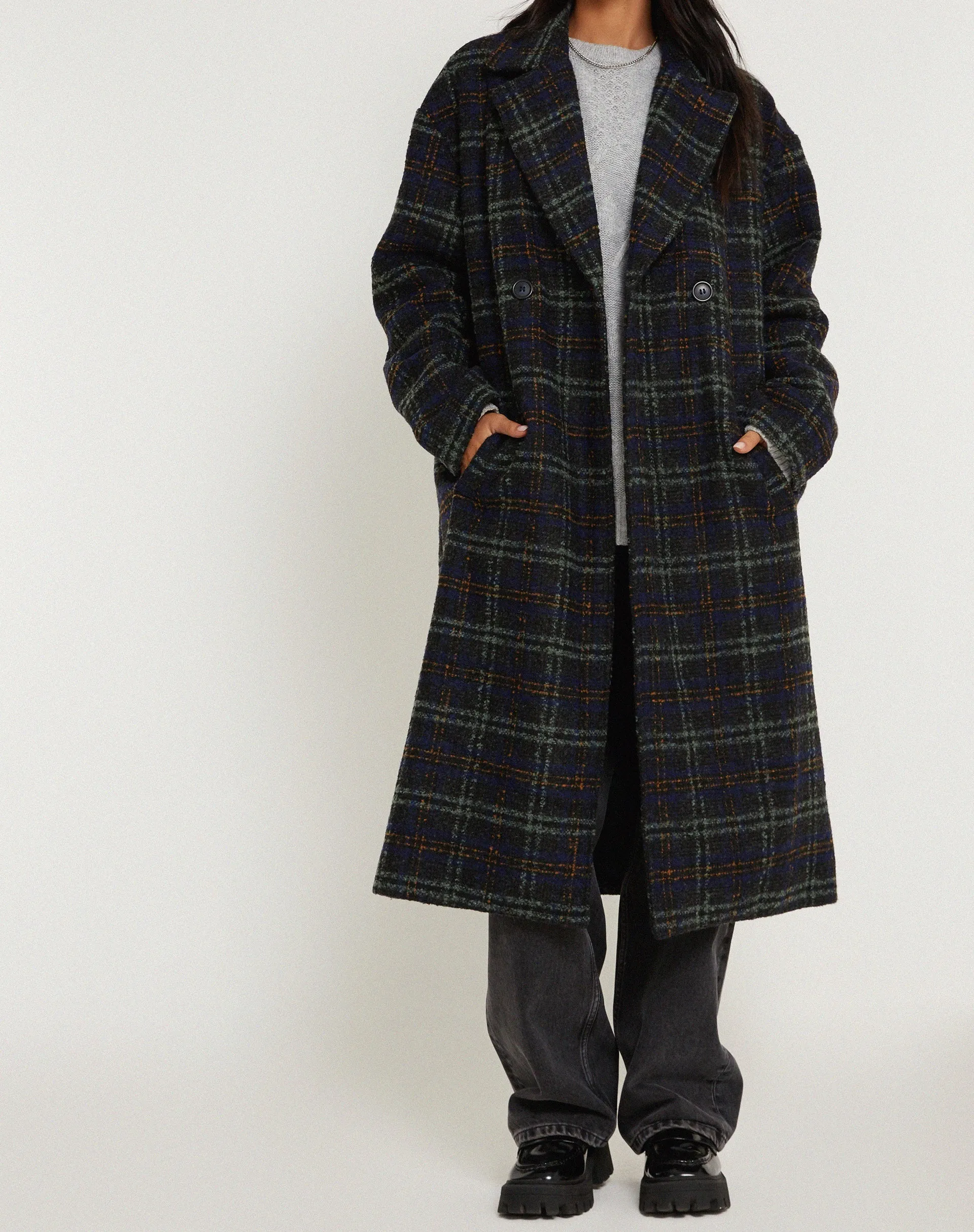 Orlova Coat in Check Navy Black and Brown sold by Motel Rocks product image thumbnail 4