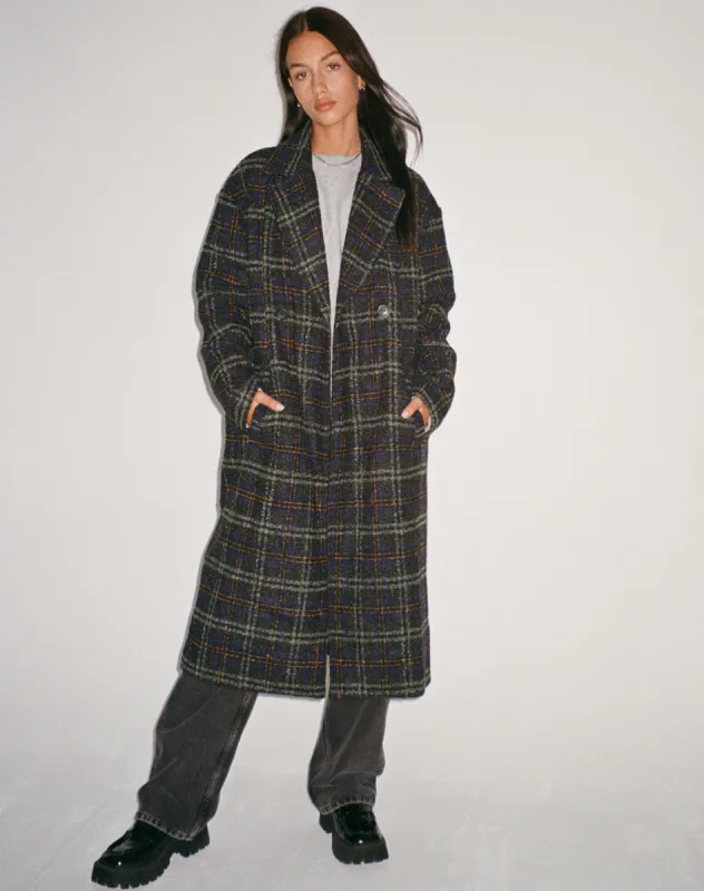 Orlova Coat in Check Navy Black and Brown sold by Motel Rocks