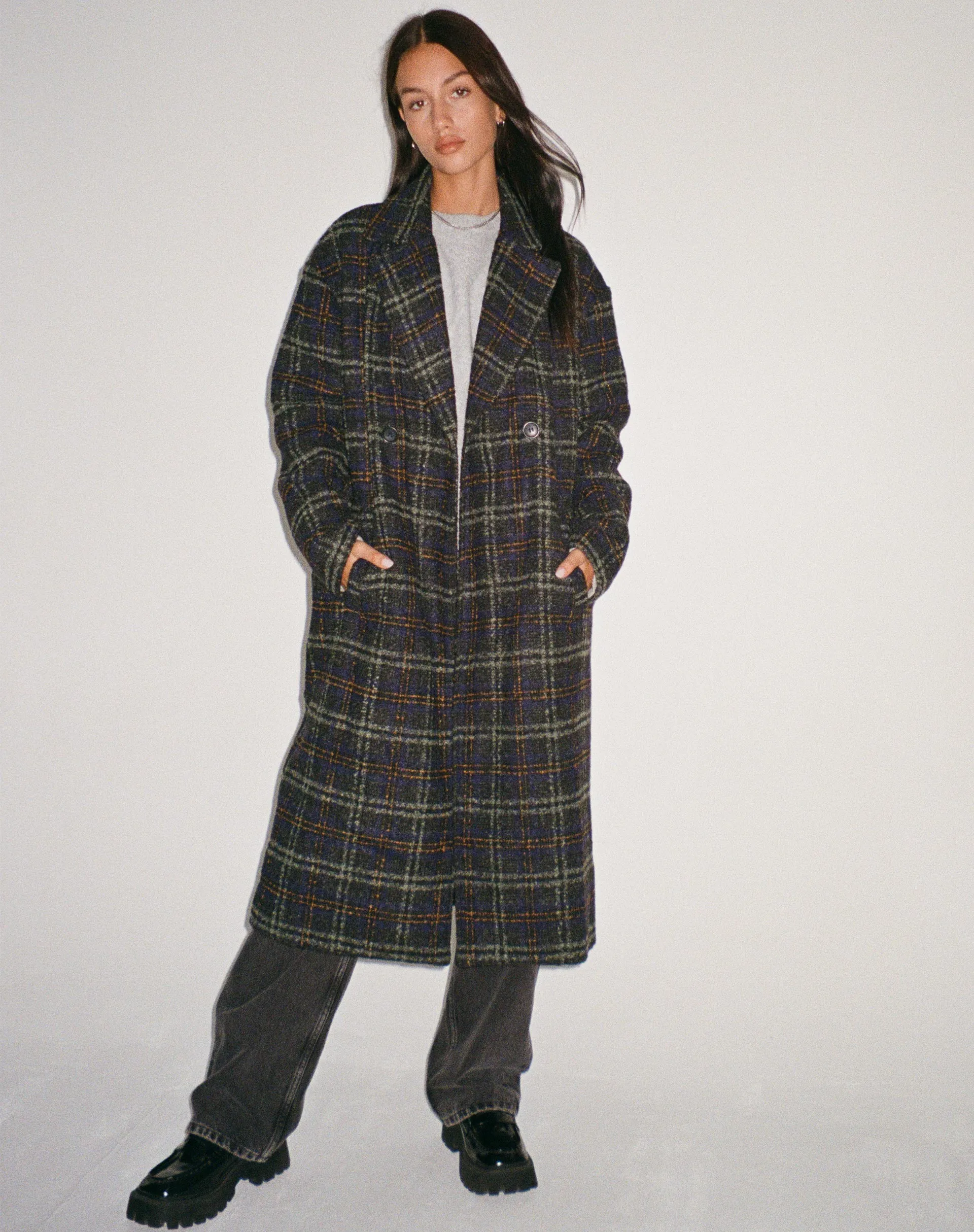 Orlova Coat in Check Navy Black and Brown sold by Motel Rocks