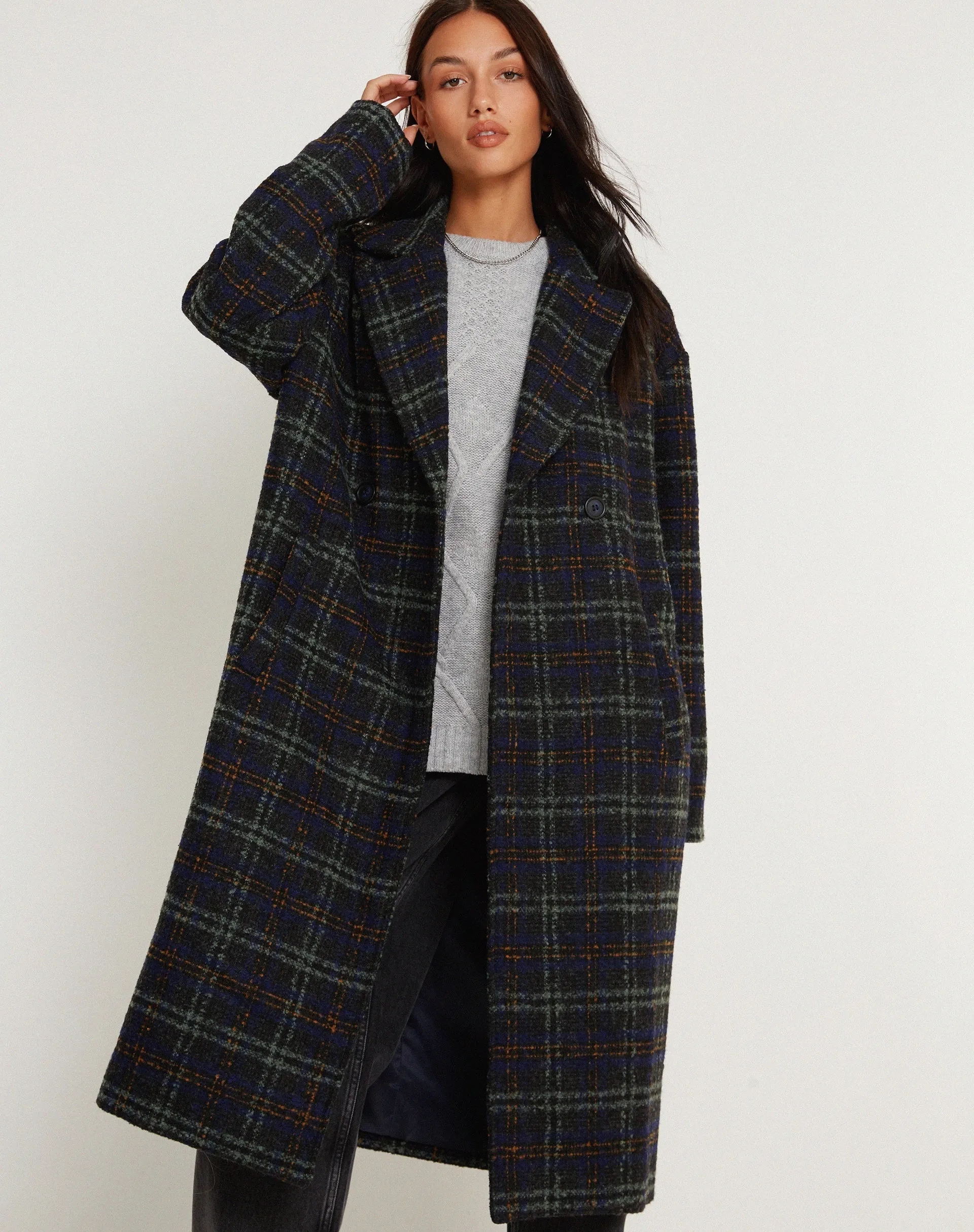 Orlova Coat in Check Navy Black and Brown sold by Motel Rocks product image thumbnail 2
