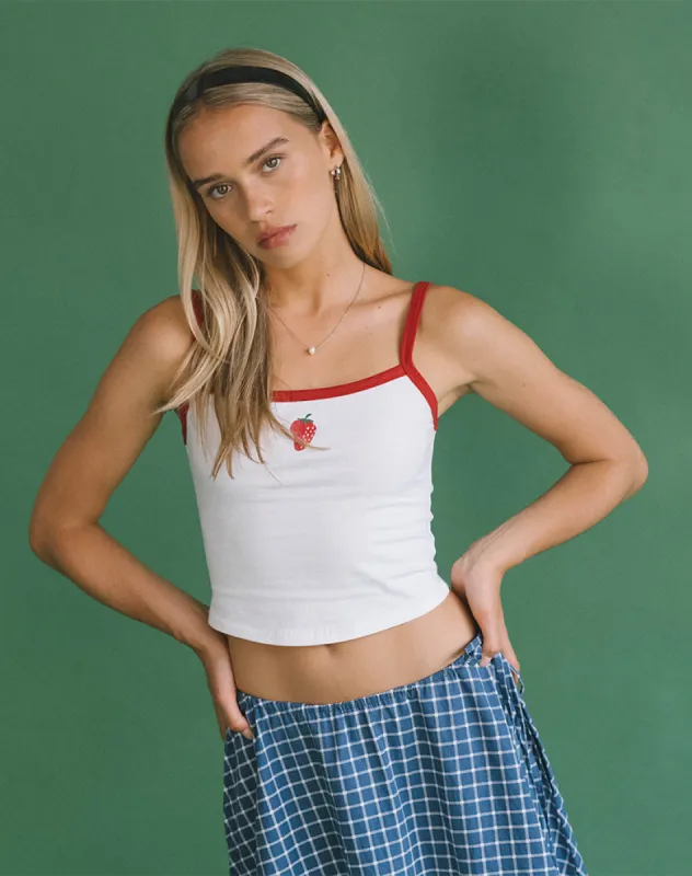 Icah Vest Top in White with Red Binding and Strawberry sold by Motel Rocks
