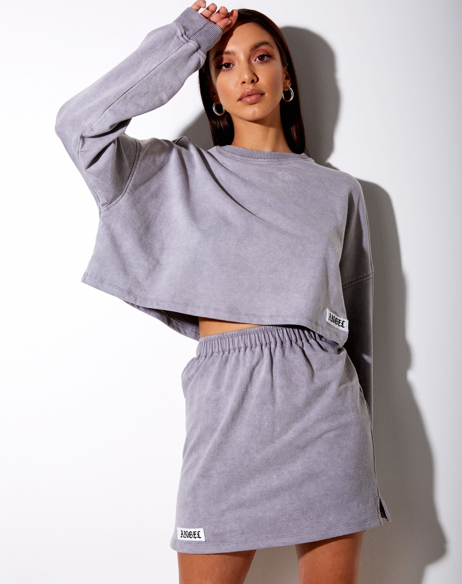 Fawly Crop Top in Grey Wash 'Angel' Embro Label sold by Motel Rocks