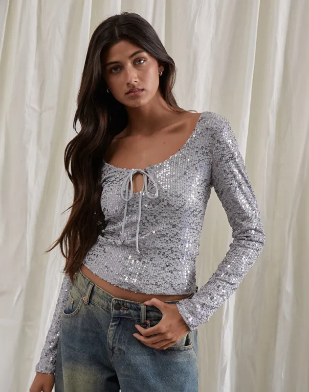 Meraga Tie Front Top in Silver Sequin made by Motel Rocks