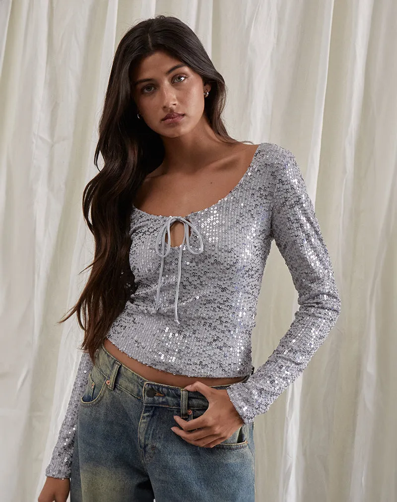 Meraga Tie Front Top in Silver Sequin sold by Motel Rocks