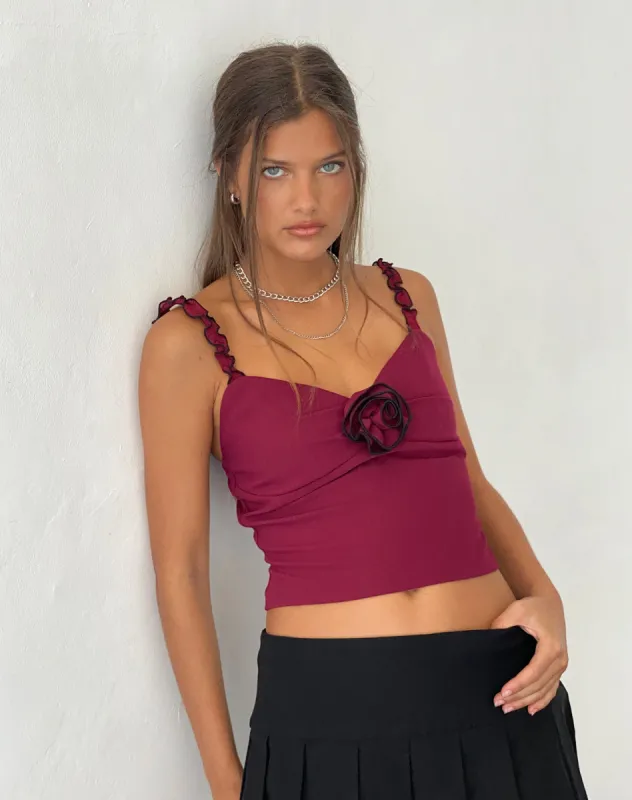 Carini Cami Top in Burgundy with Rosette sold by Motel Rocks