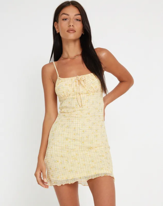 Hakira Mini Dress in Gingham Floral Yellow made by Motel Rocks