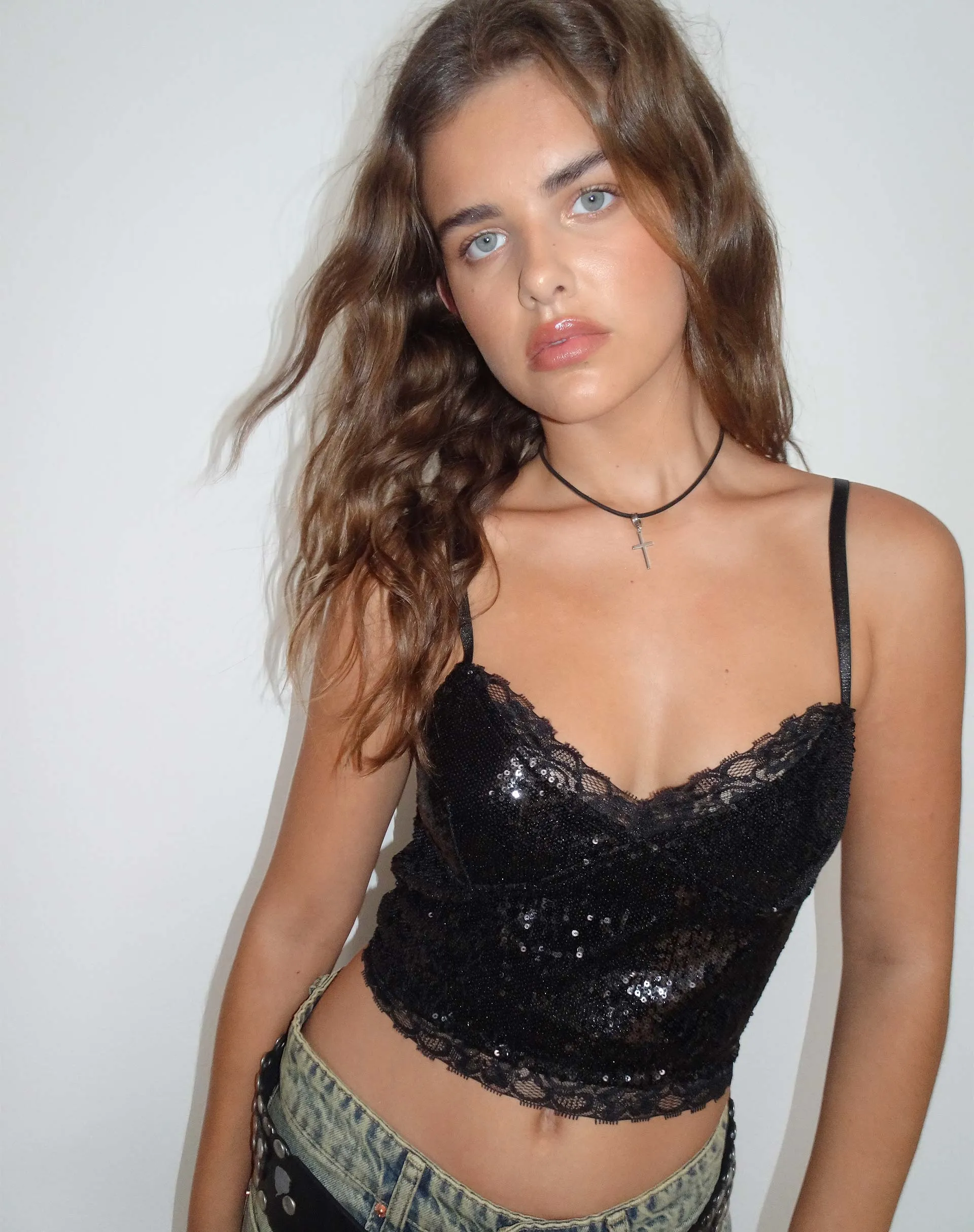 Urban X Motel Drilly Crop Top in Black Mini Sequin sold by Motel Rocks product image thumbnail 4