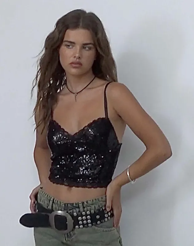 Urban X Motel Drilly Crop Top in Black Mini Sequin sold by Motel Rocks
