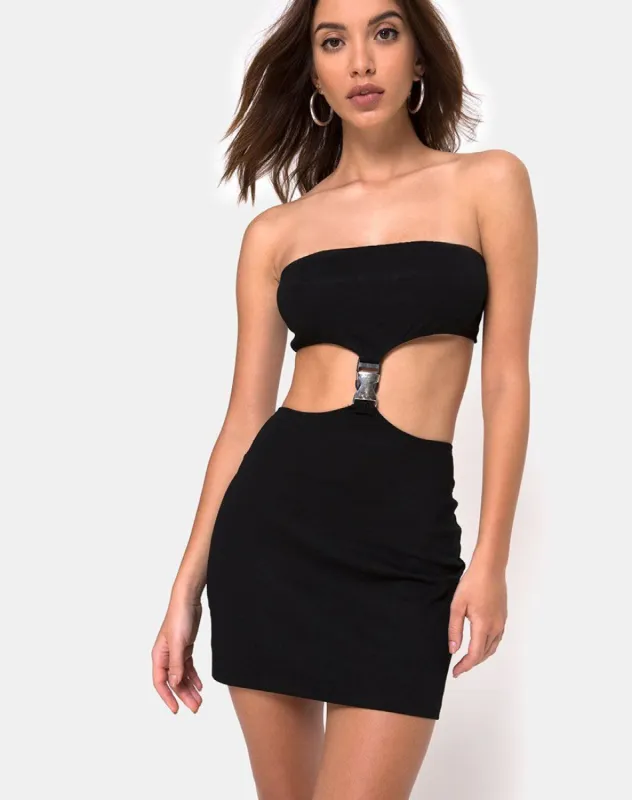 Maraya Mini Dress in Black with Silver Buckle sold by Motel Rocks