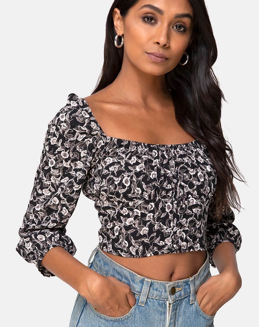 Dimen Crop Top In Wild Tulip Black sold by Motel Rocks