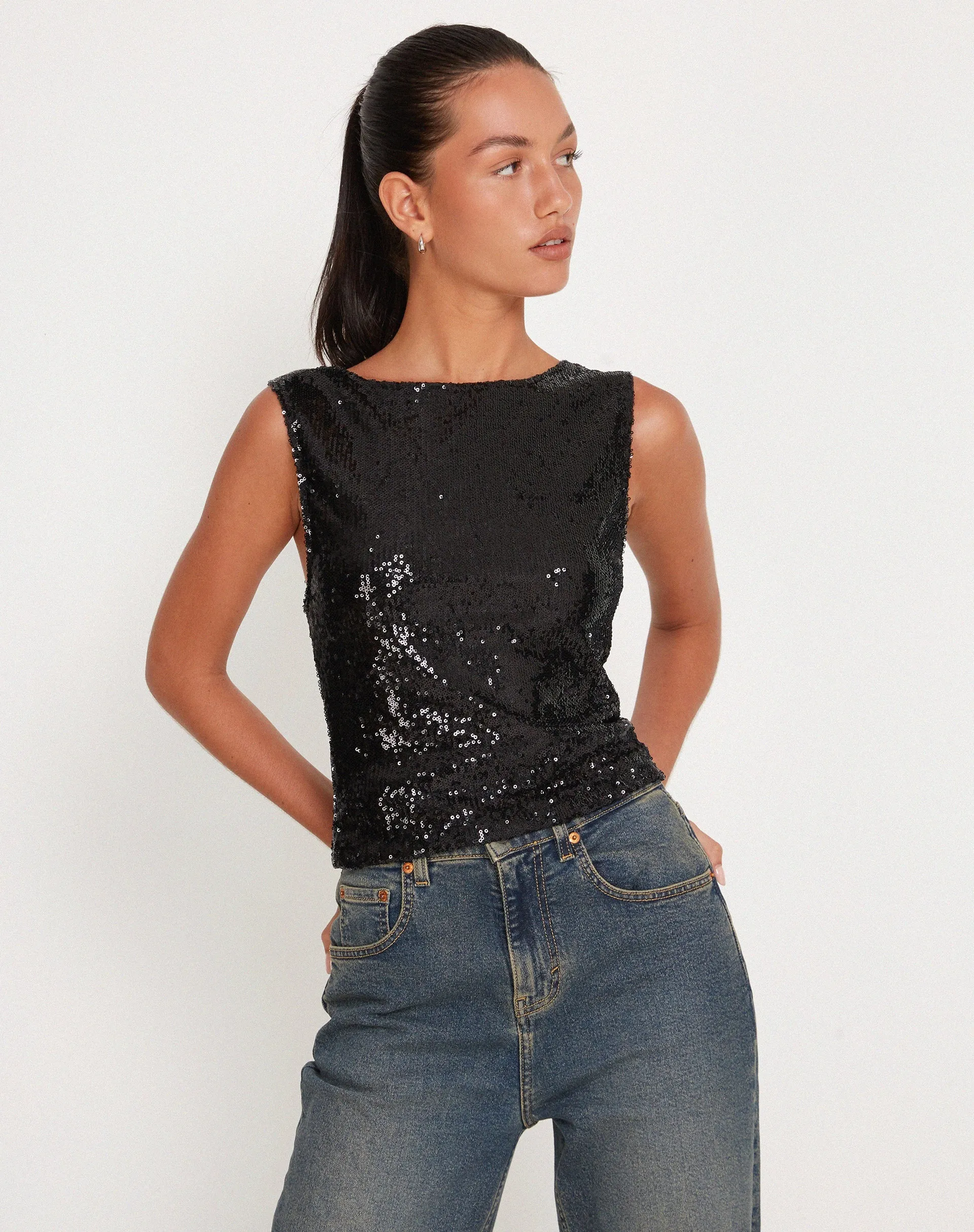 Hala Crop Vest Top in Black Sequin sold by Motel Rocks product image thumbnail 4