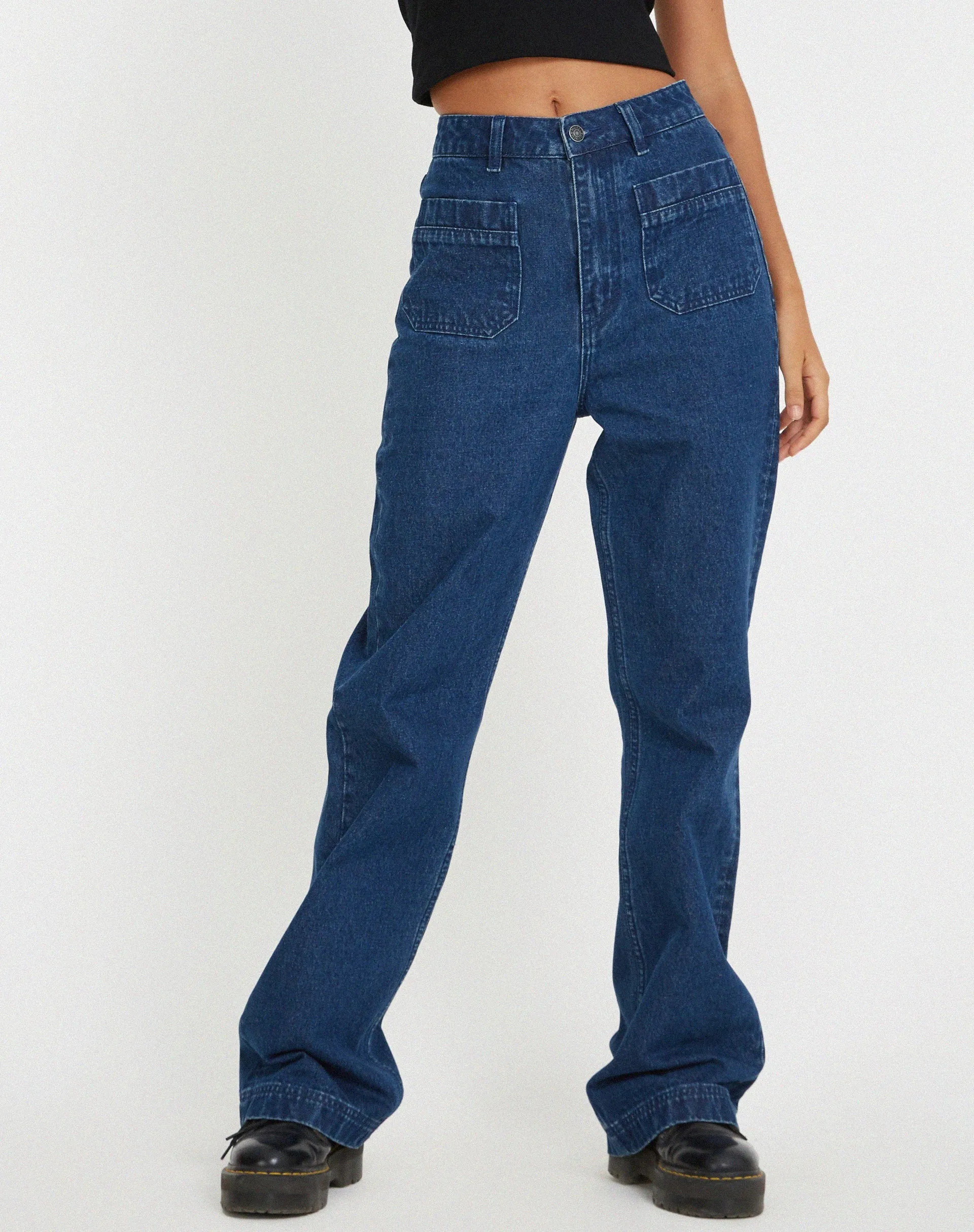 Retro Pocket Flare Jeans in 90's Indigo sold by Motel Rocks