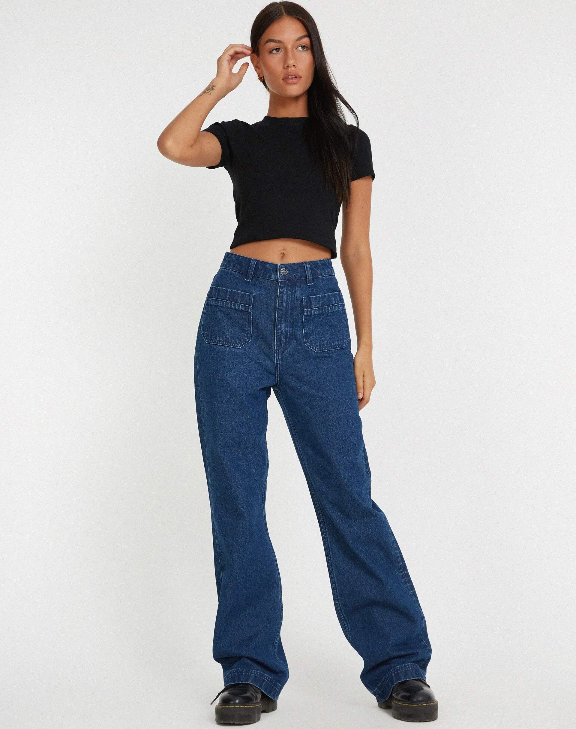 Retro Pocket Flare Jeans in 90's Indigo sold by Motel Rocks product image thumbnail 2