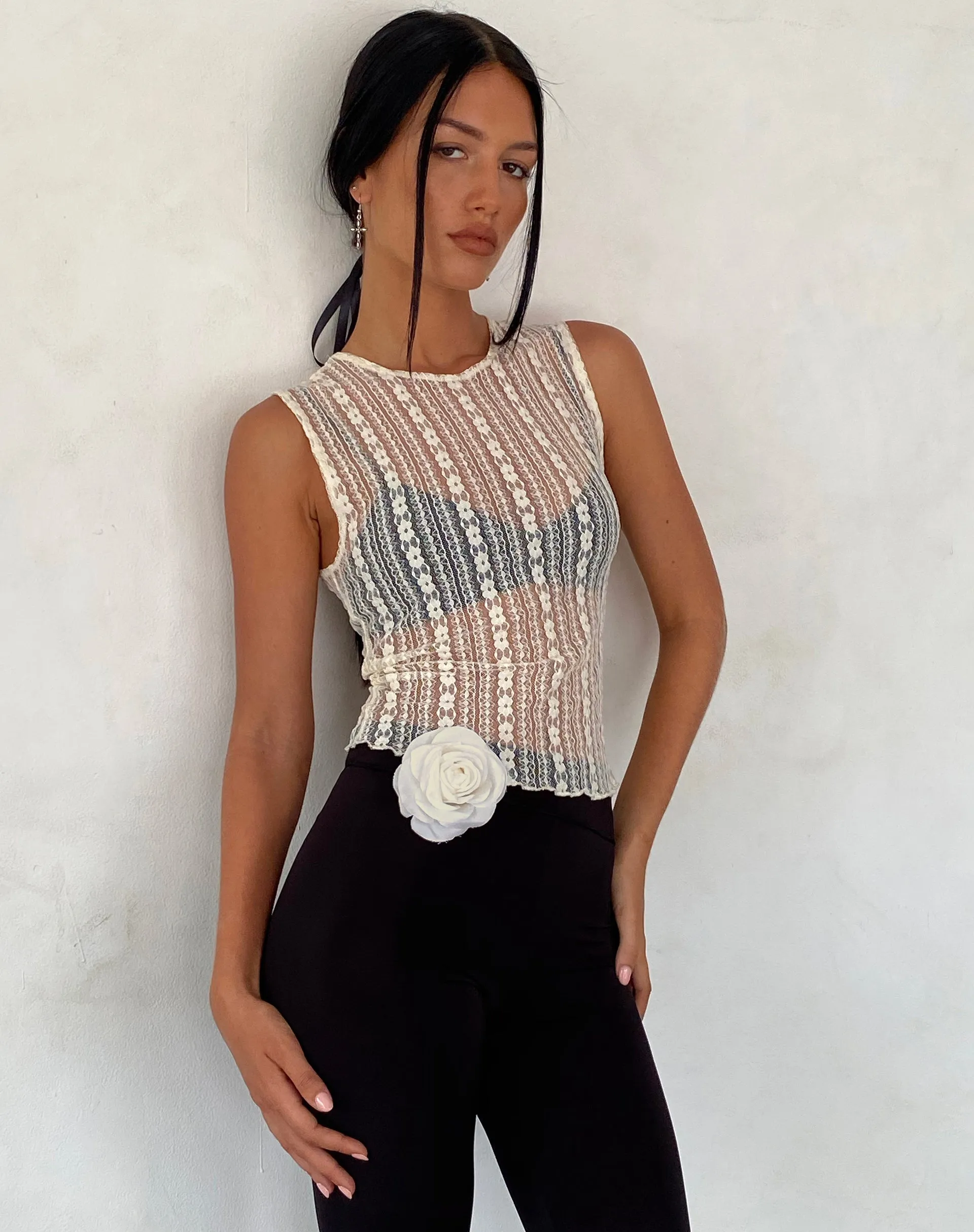 Monelo Unlined Vest Top in Ditsy Floral Cream Lace sold by Motel Rocks