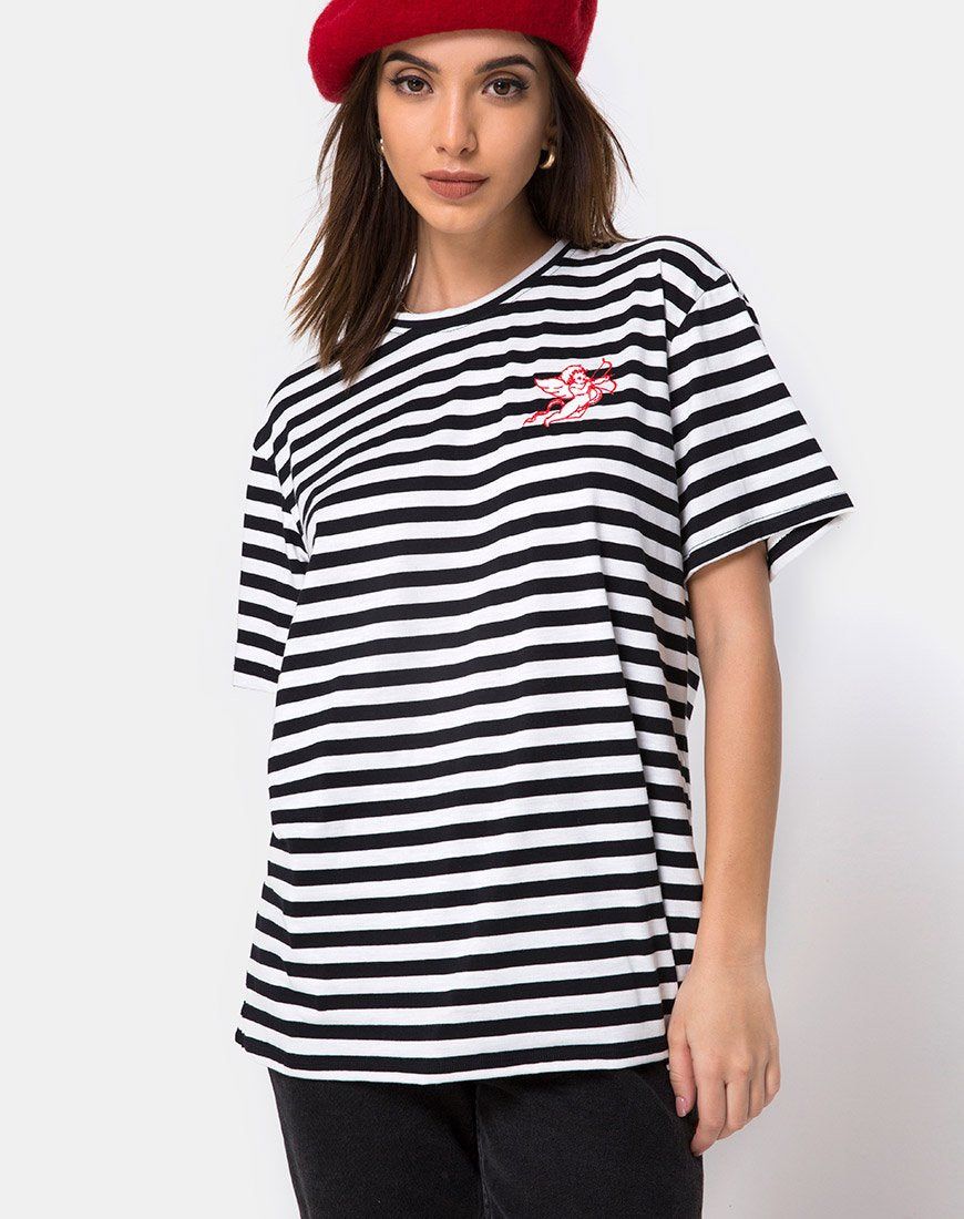 Oversize Basic Tee in Black and White Stripe with Cherub Embro sold by Motel Rocks