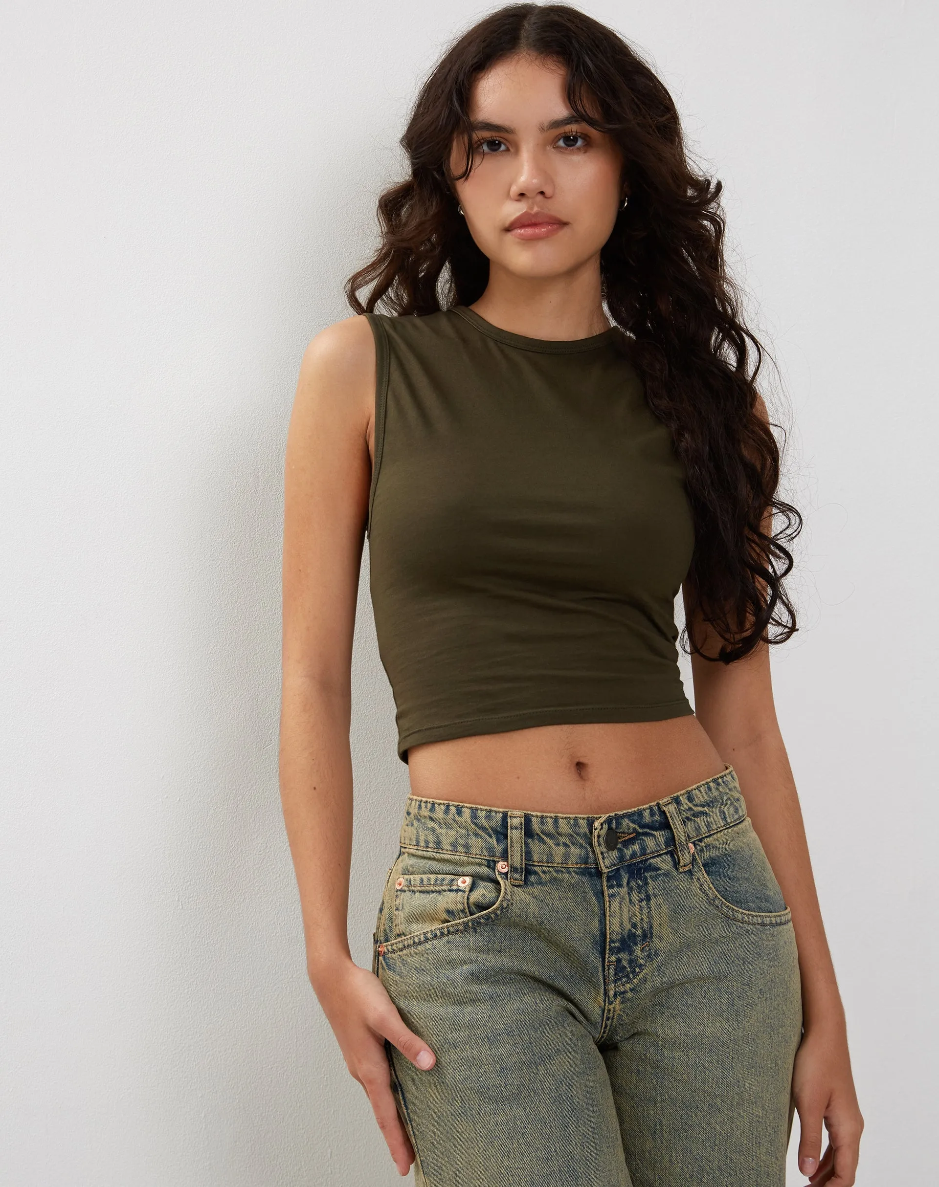 Monlo Vest Top in Olive sold by Motel Rocks