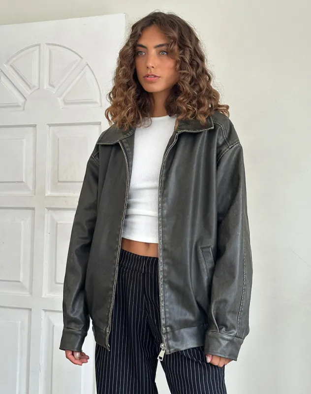 Cavita Distressed Jacket in PU Olive sold by Motel Rocks