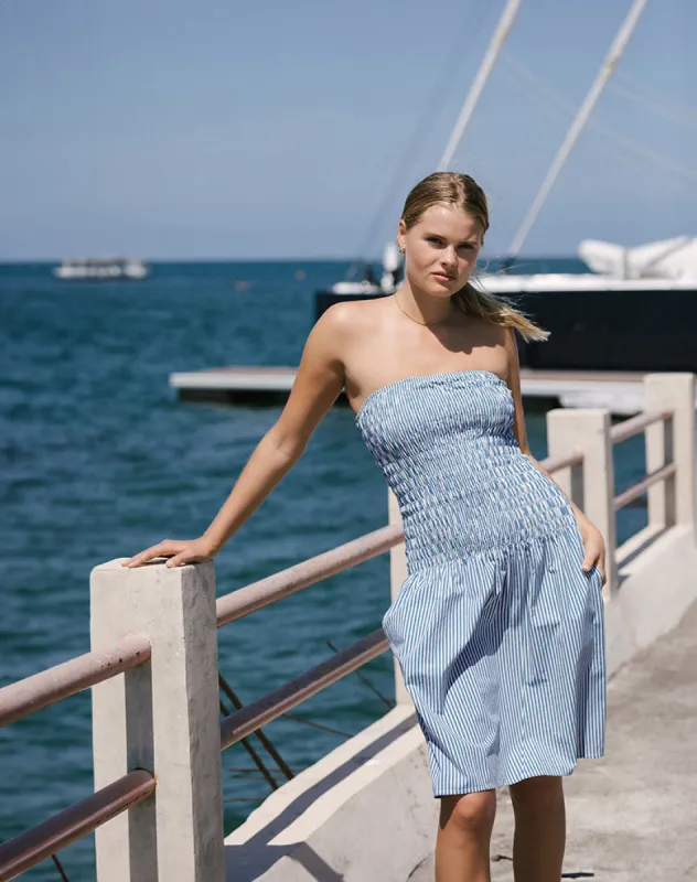 Belesi Midi Dress in Blue Small Vertical Stripe sold by Motel Rocks