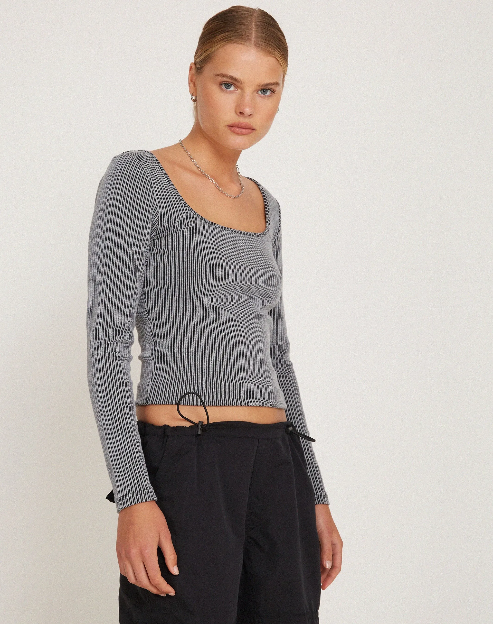 Bonlo Long Sleeve Top in Two Tone Rib Grey sold by Motel Rocks product image thumbnail 4