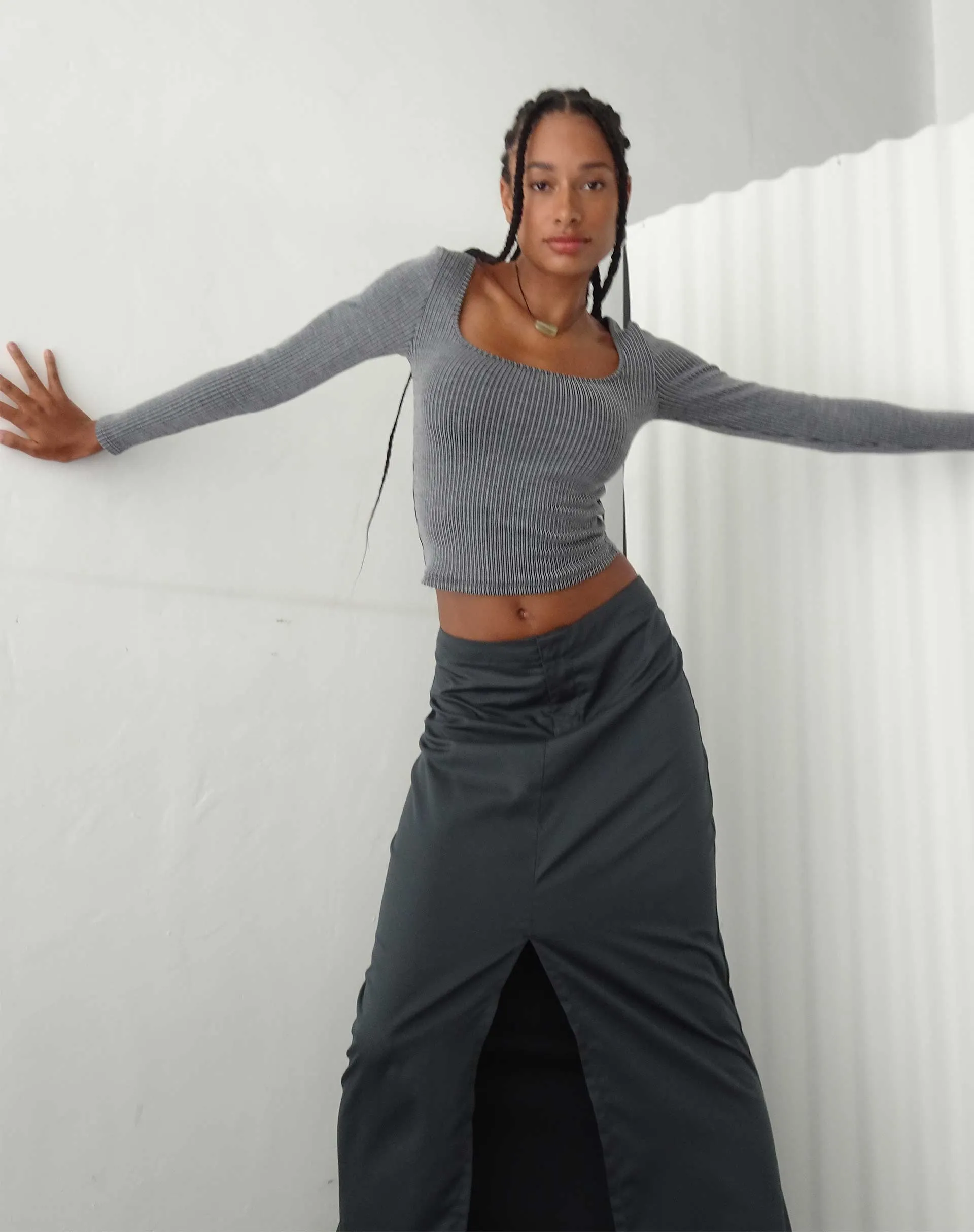 Bonlo Long Sleeve Top in Two Tone Rib Grey sold by Motel Rocks product image thumbnail 2
