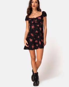 Gaval Mini Dress in Soi Rose Black and Red sold by Motel Rocks