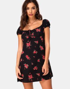 Gaval Mini Dress in Soi Rose Black and Red sold by Motel Rocks
