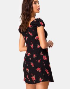 Gaval Mini Dress in Soi Rose Black and Red sold by Motel Rocks