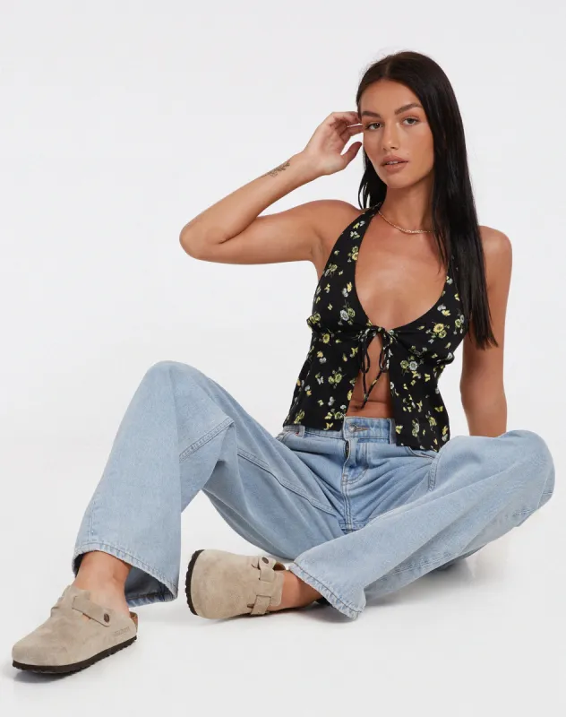 Roula Butterfly Top in Lemon and Lime Black sold by Motel Rocks