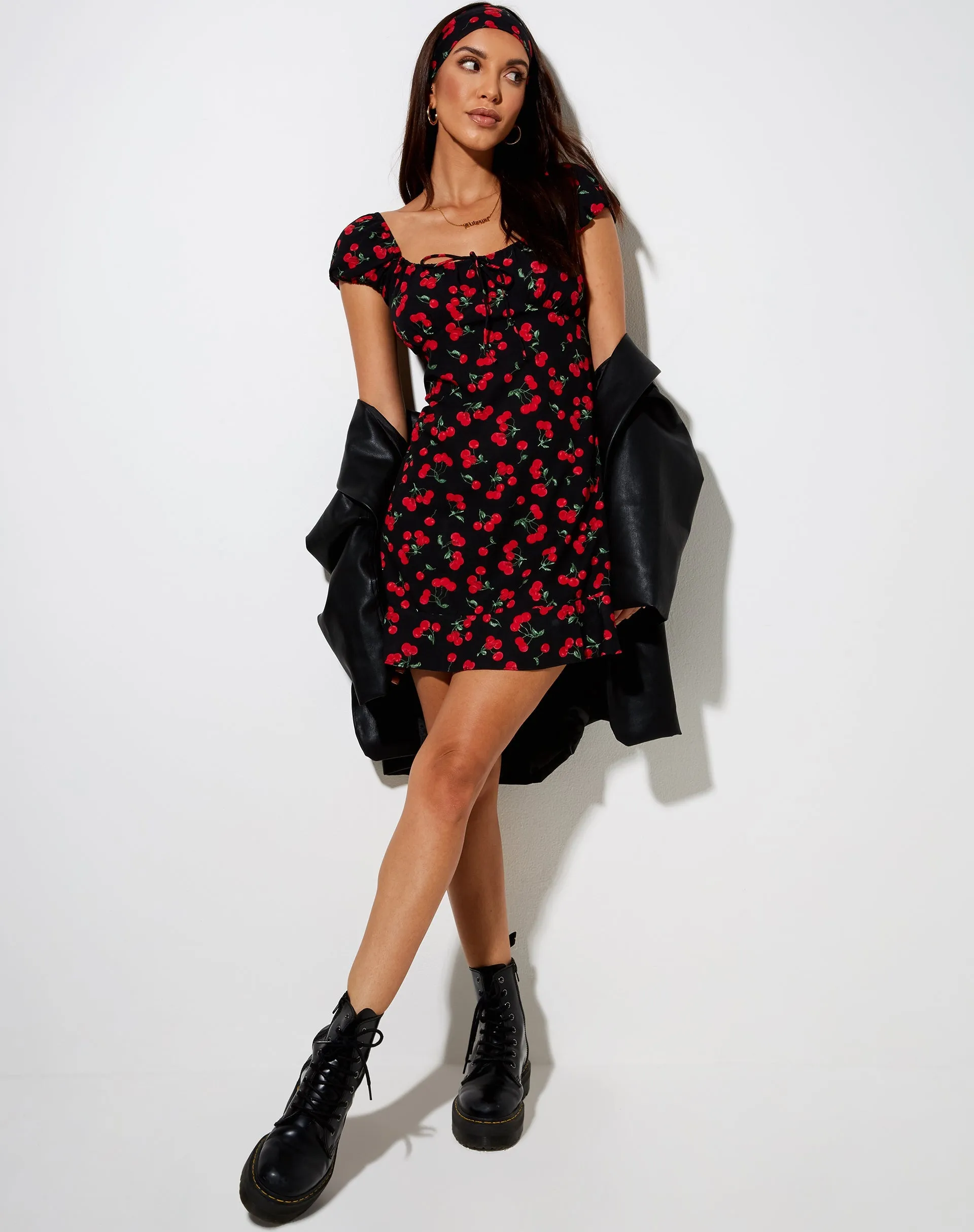 Galaca Mini Dress in Cherries Black sold by Motel Rocks product image thumbnail 4
