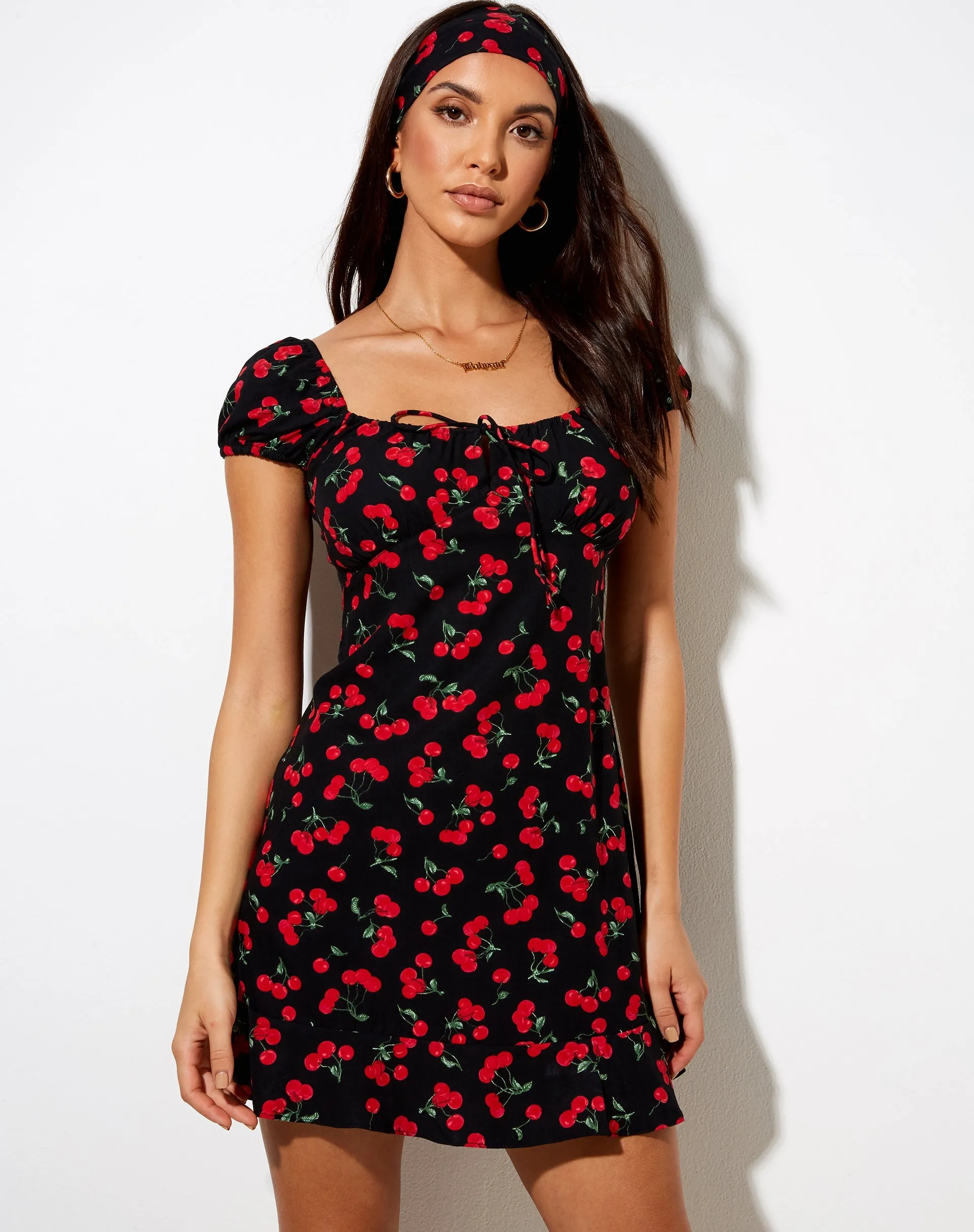 Galaca Mini Dress in Cherries Black sold by Motel Rocks product image thumbnail 3