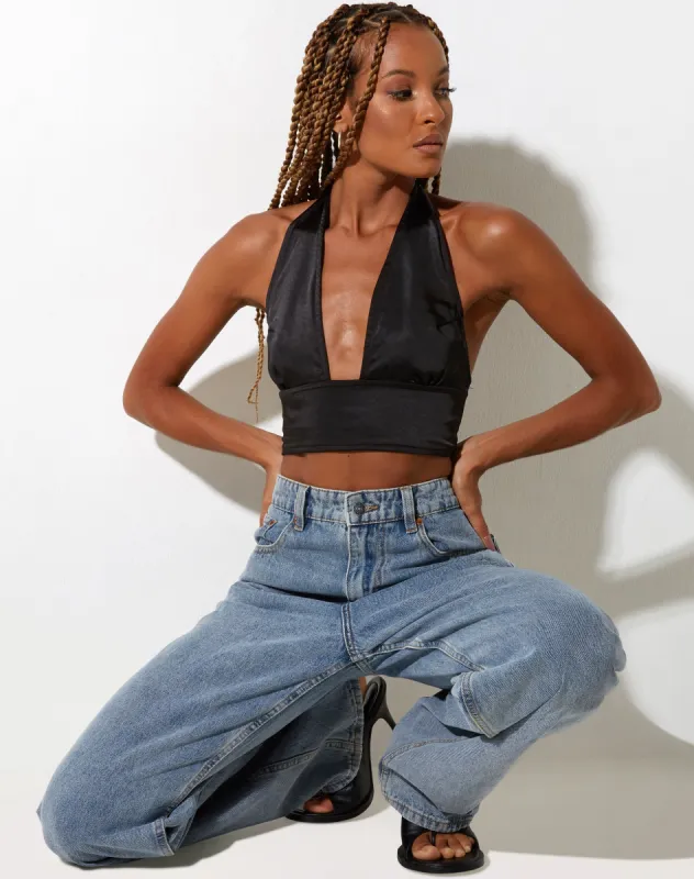 Keiza Crop Top in Satin Black sold by Motel Rocks