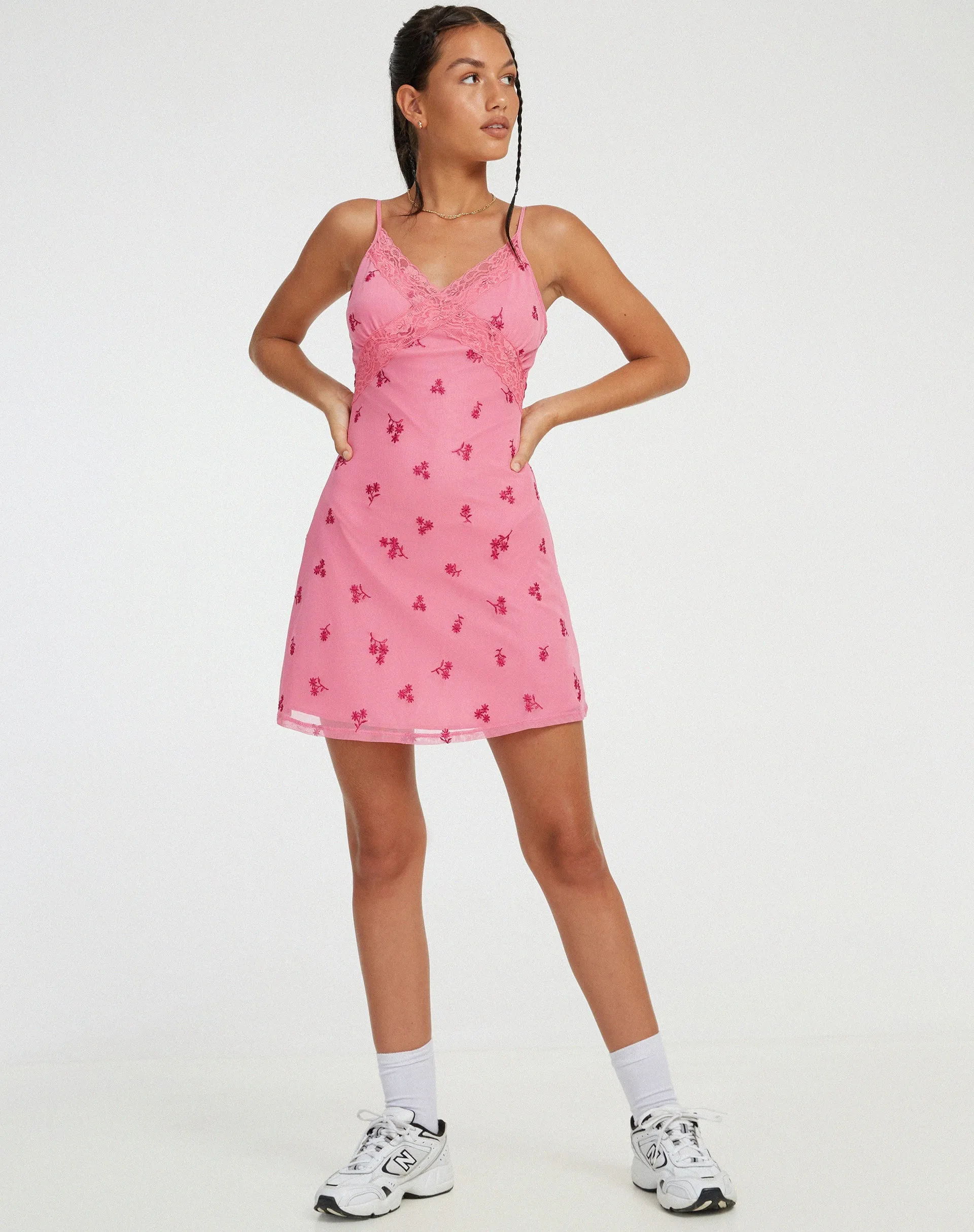 Coline Mini Dress in Pink Ditsy Daisy Embro sold by Motel Rocks product image thumbnail 3