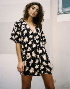 Mirach Dress in Antique Rose Black sold by Motel Rocks