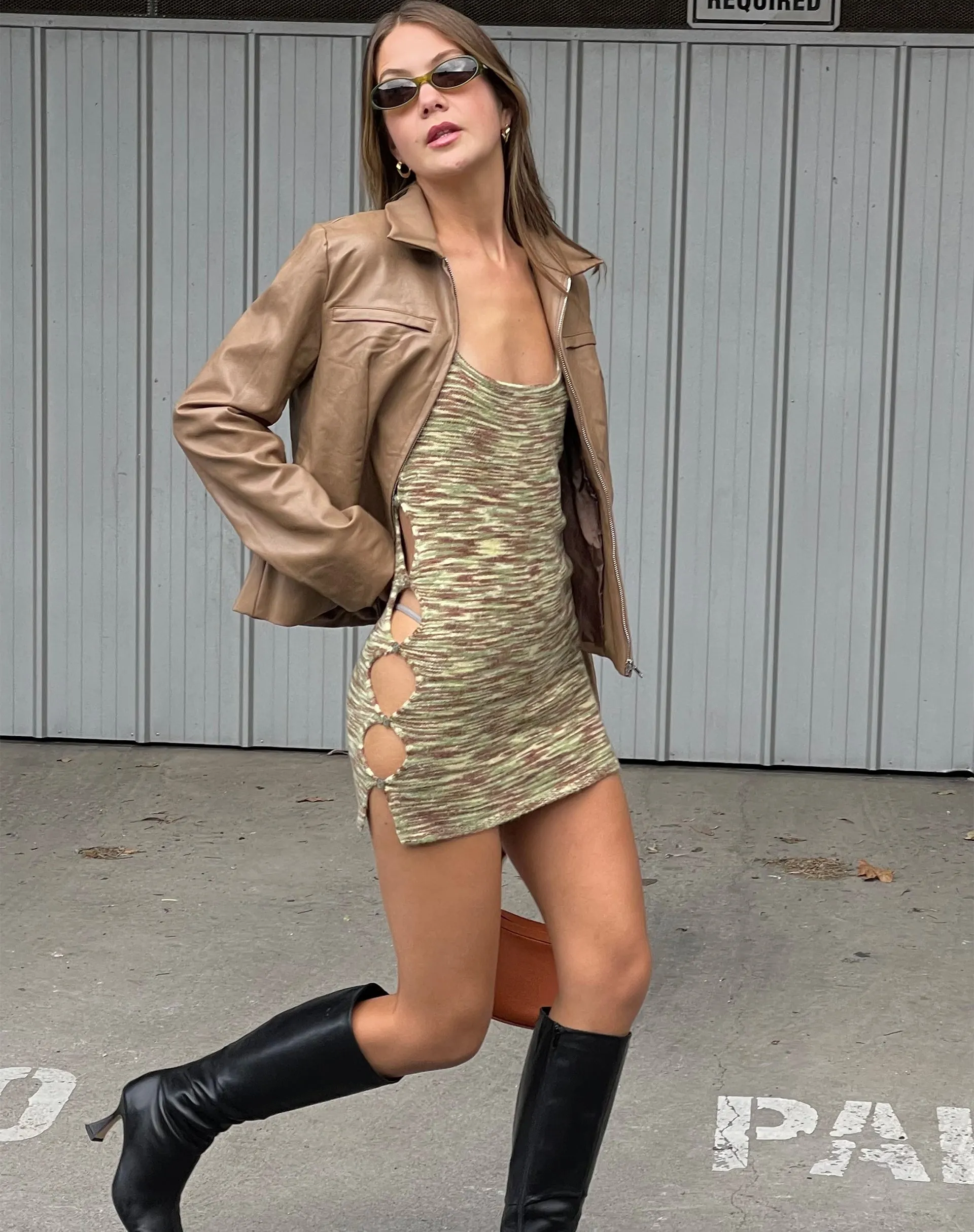 Lukita Mini Dress in Mix Space Dye Khaki sold by Motel Rocks