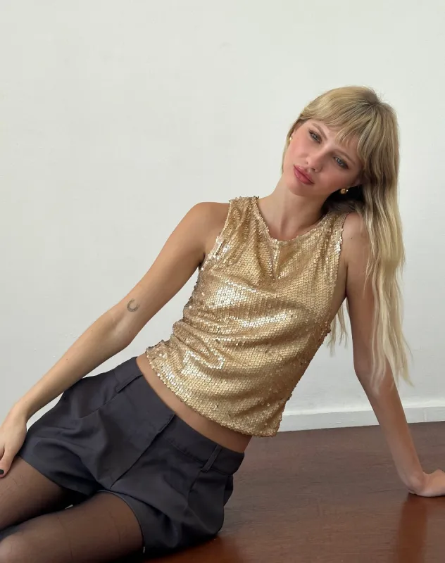 Hala Vest Top in Gold Sequin sold by Motel Rocks