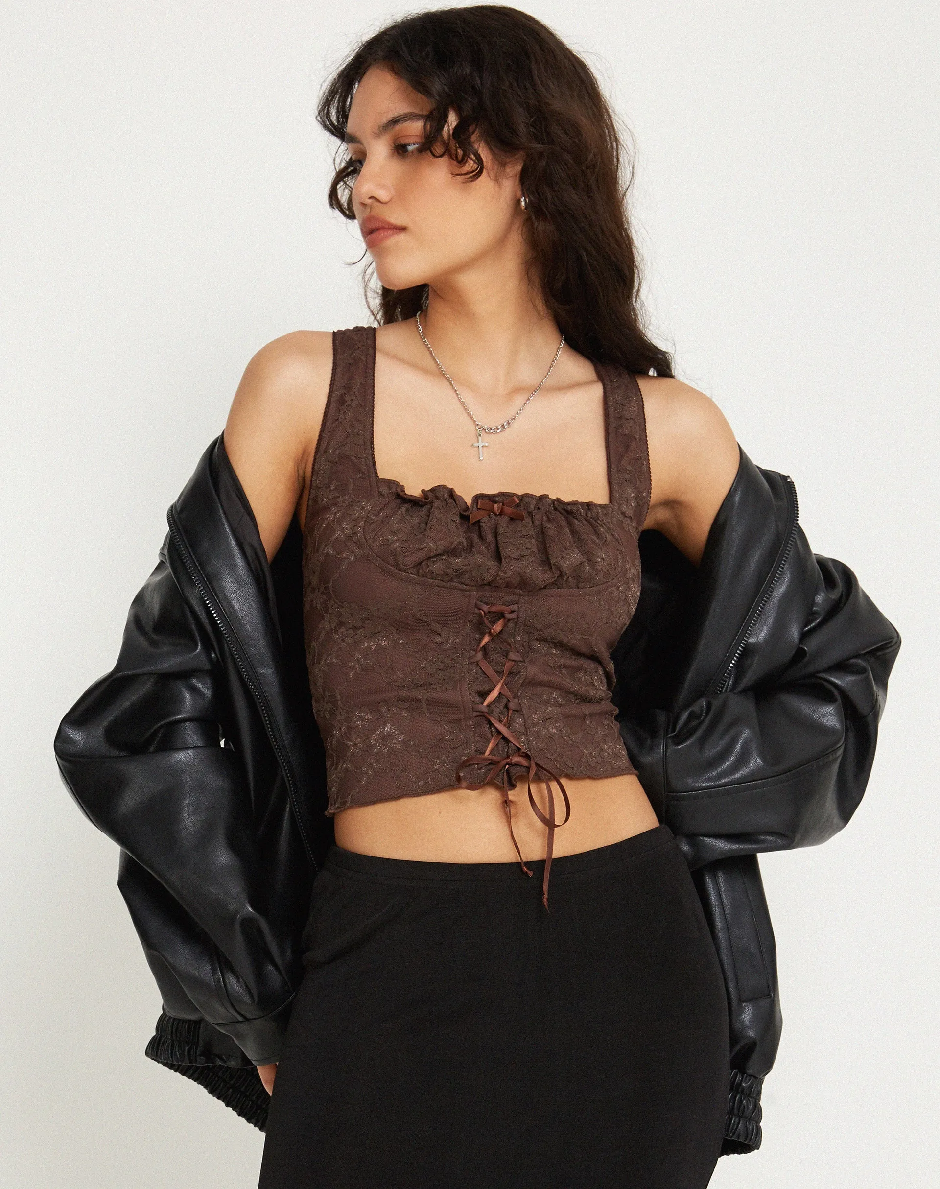 Asahi Crop Top in Lace Chestnut Brown sold by Motel Rocks product image thumbnail 5